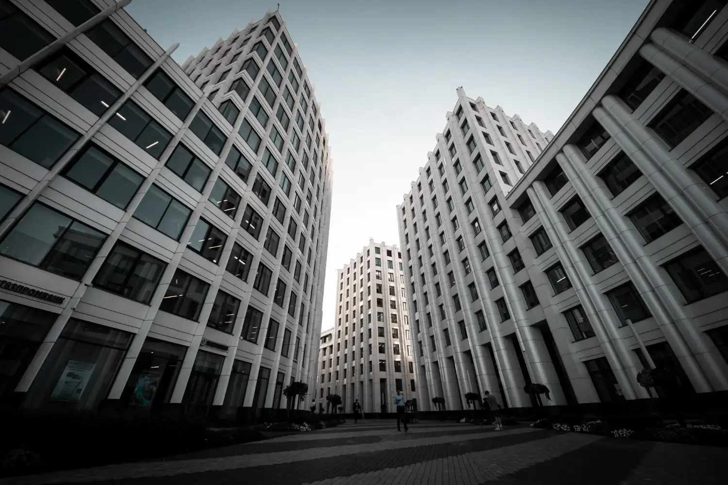 Commercial office towers around a pedestrian plaza